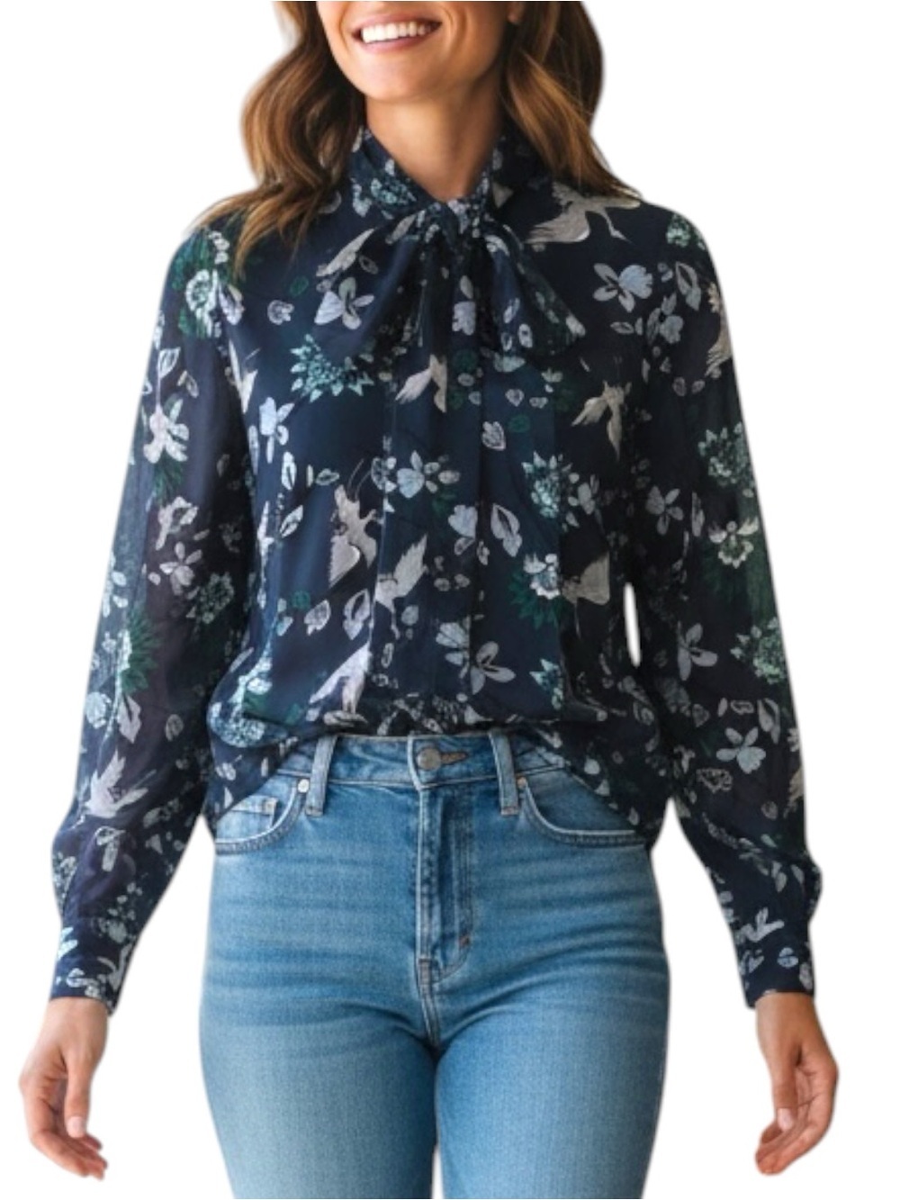 NEW NWT Vanessa Williams Sz S Fits a M Tie Neck Floral Bird Career Blouse Shirt